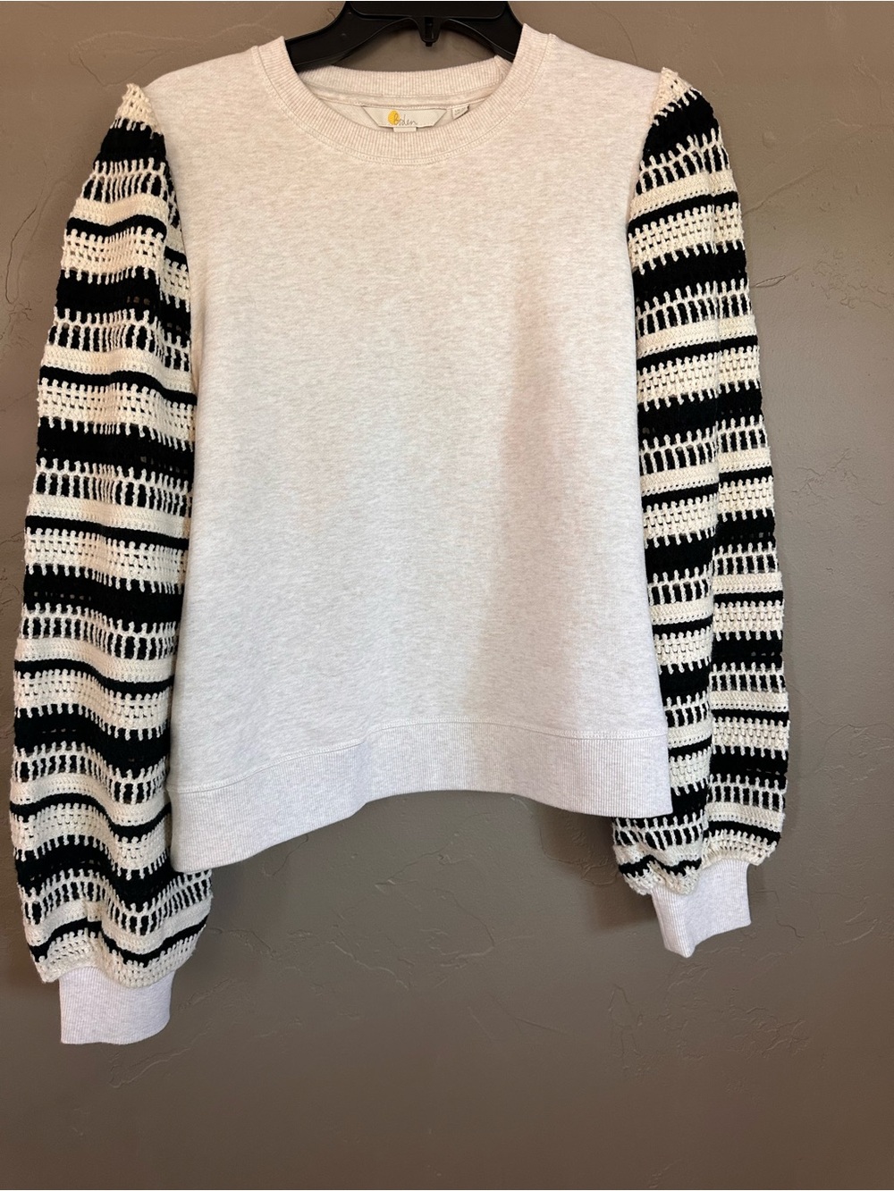 Boden Cream Sweatshirt with Black & Cream Crochet Sleeves